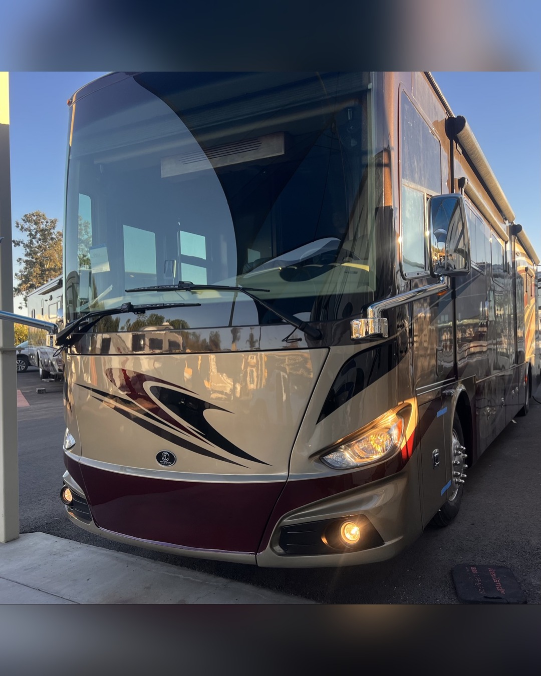 Tiffin motorhome after complete front cap repair and matching paint